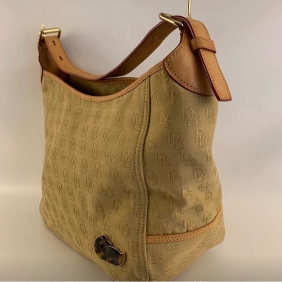 Dooney & Bourke Vintage Tan Canvas Signature Hobo Bag with red interior - Picture 4 of 12